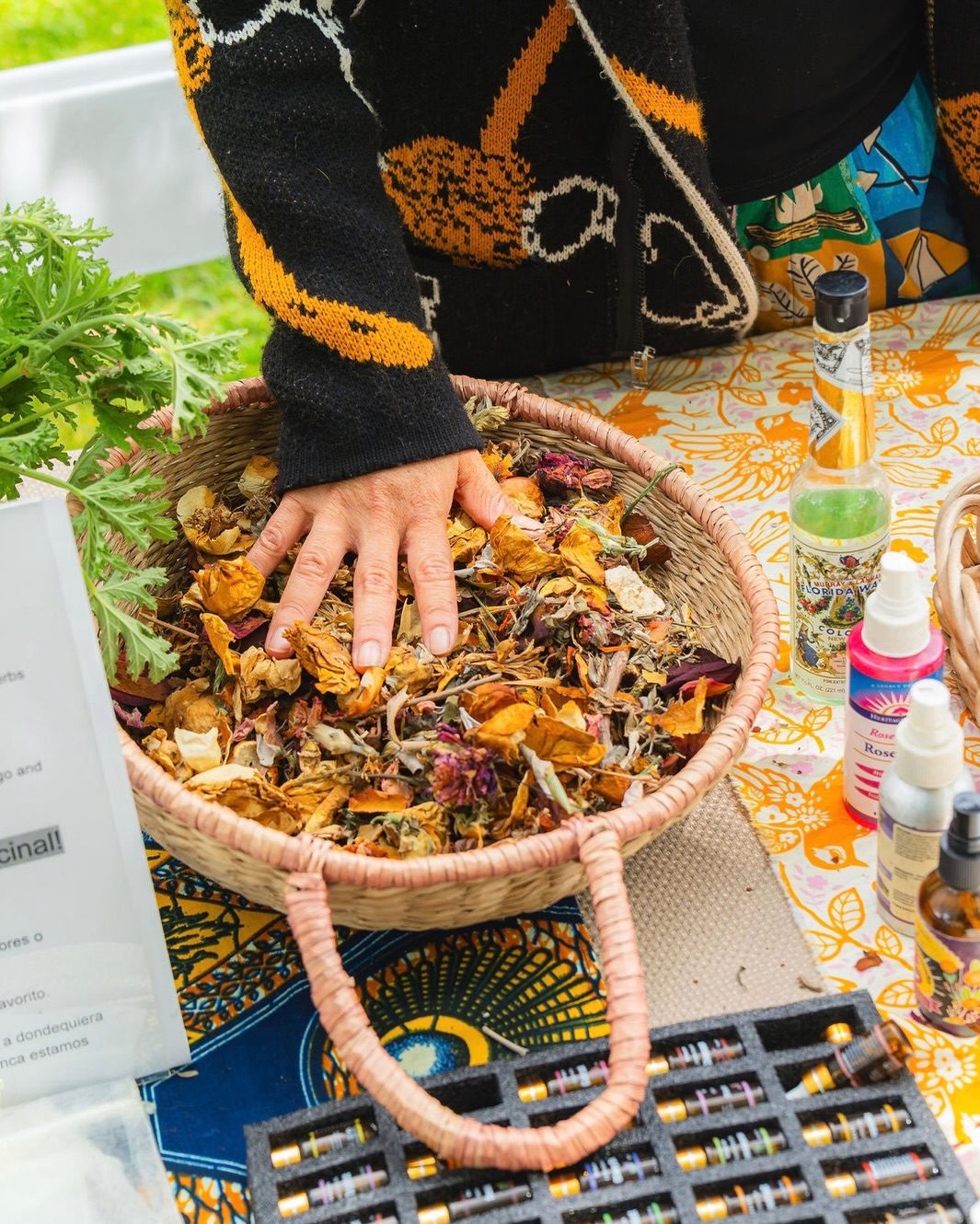 Hands in a basket of herbs